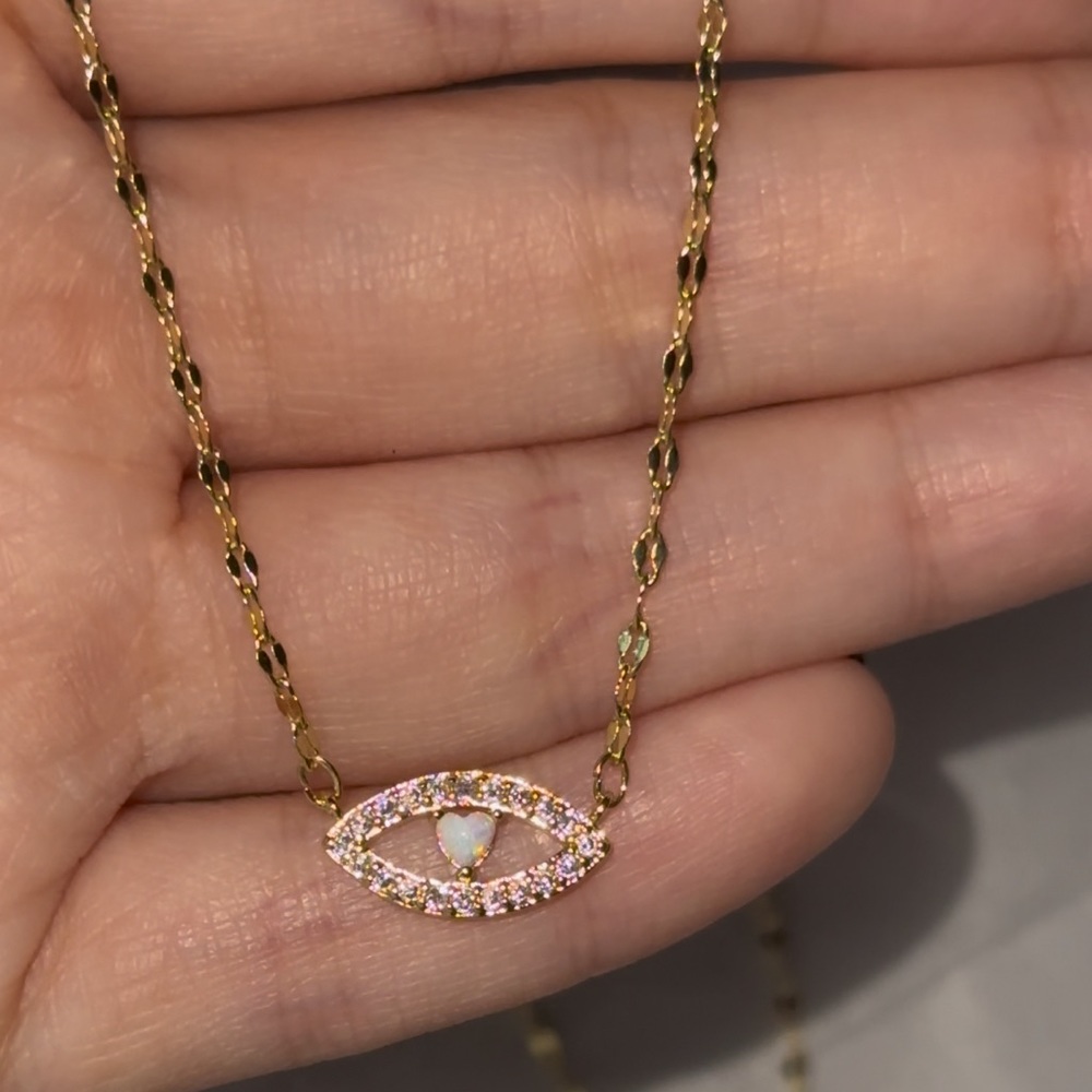 Dainty Evil Eye Malocchio Opal Heart Gold Necklace
